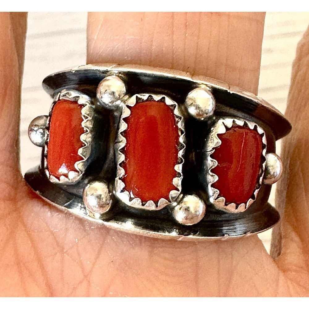 Navajo Mens Wedding Band Red Coral Ring Sz 13.5 Native Amer 15mm Dark Sterling